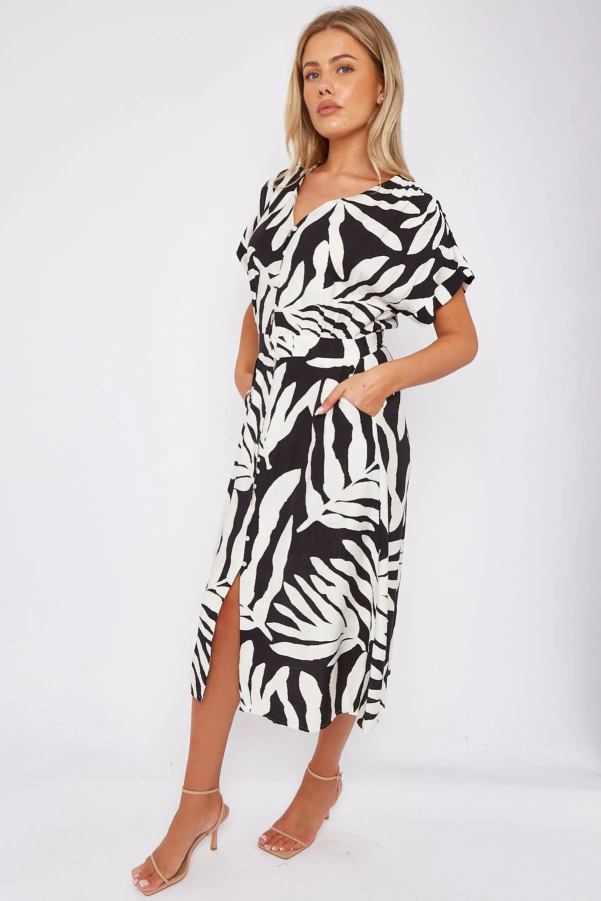 Black Leaf Print Short Sleeve V Neck Midi Dress by LOVE SUNSHINE sold by Goddiva product image thumbnail 5
