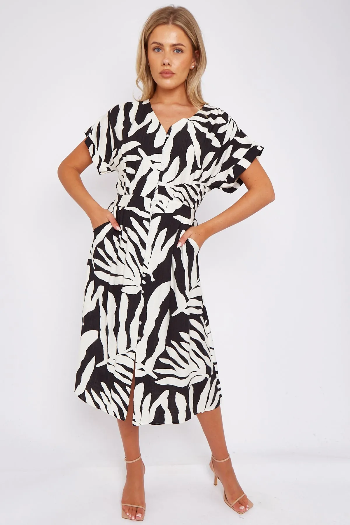 Black Leaf Print Short Sleeve V Neck Midi Dress by LOVE SUNSHINE sold by Goddiva product image thumbnail 3