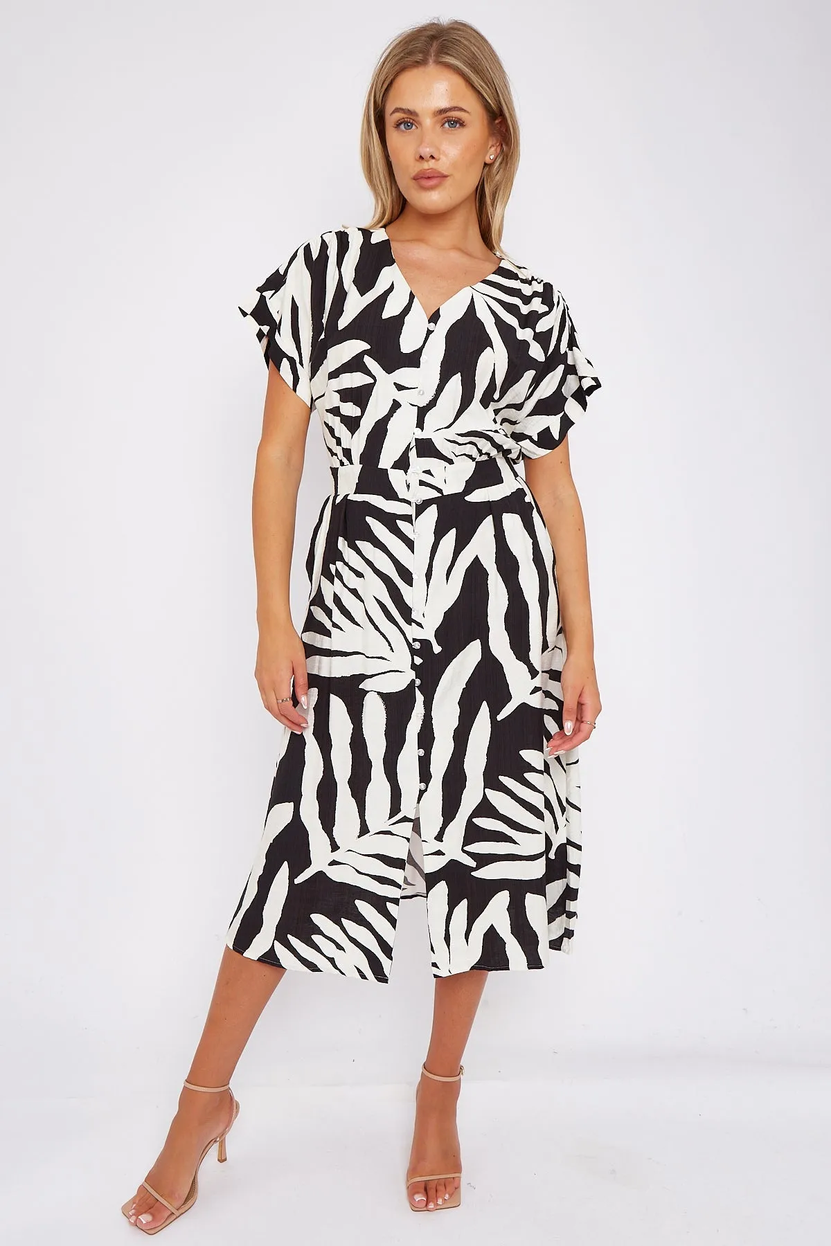 Black Leaf Print Short Sleeve V Neck Midi Dress by LOVE SUNSHINE sold by Goddiva product image thumbnail 2