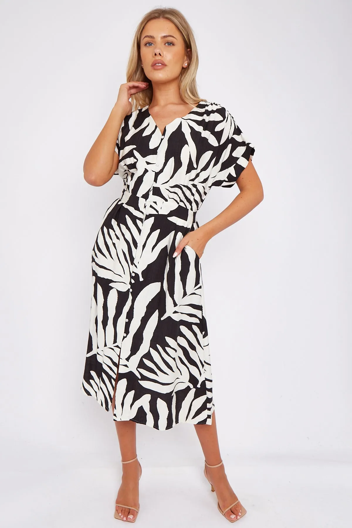 Black Leaf Print Short Sleeve V Neck Midi Dress by LOVE SUNSHINE sold by Goddiva product image thumbnail 4