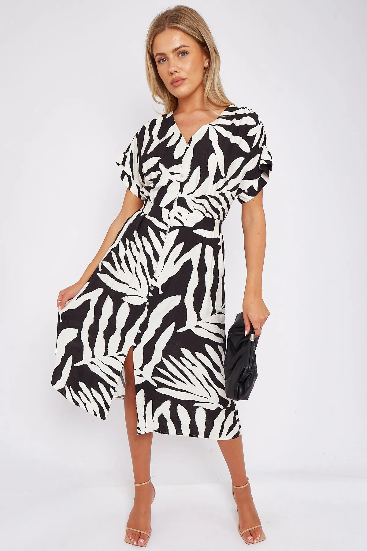 Black Leaf Print Short Sleeve V Neck Midi Dress by LOVE SUNSHINE sold by Goddiva