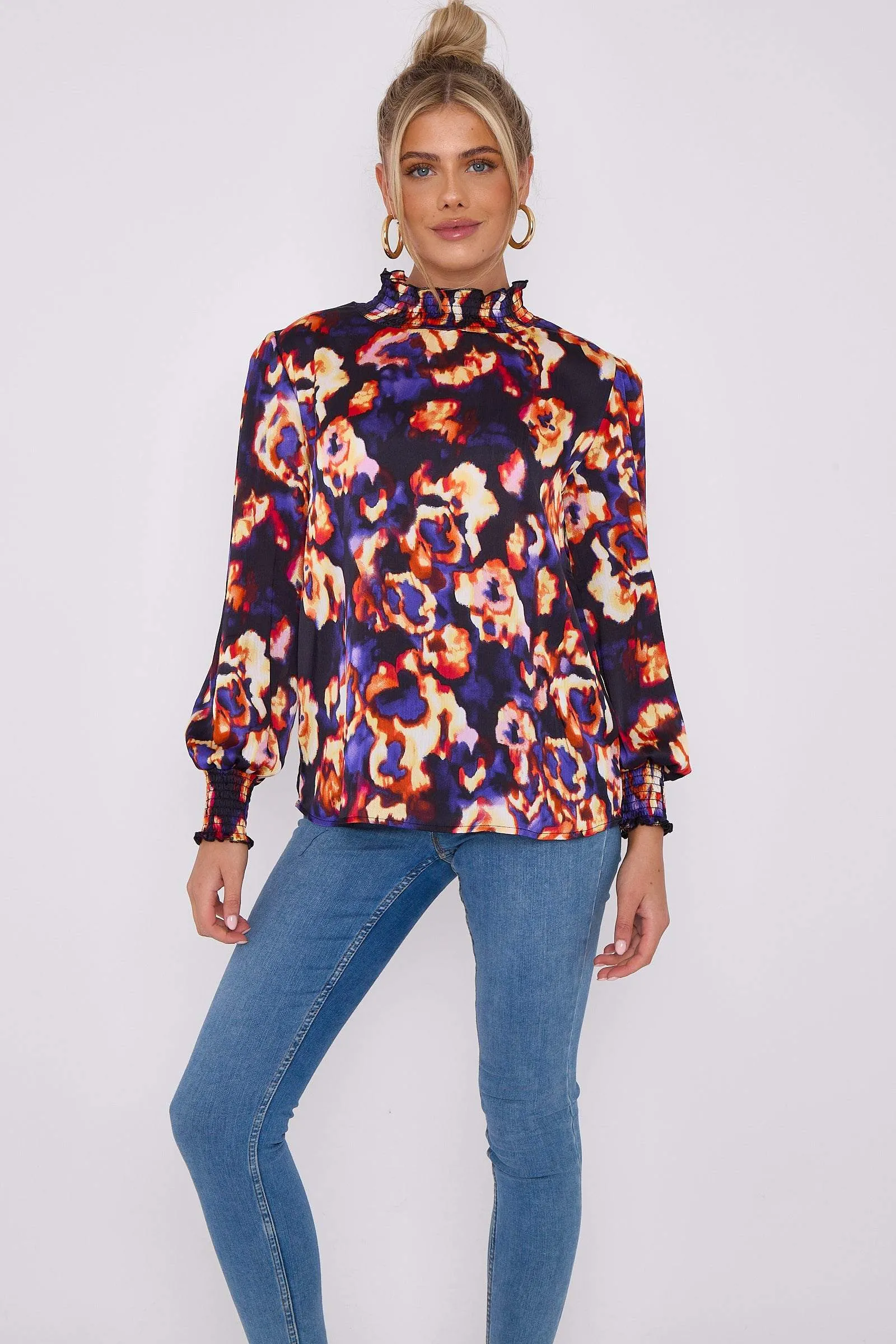 LOVE SUNSHINE Purple Abstract Floral Print Satin Chiffon Top sold by Goddiva