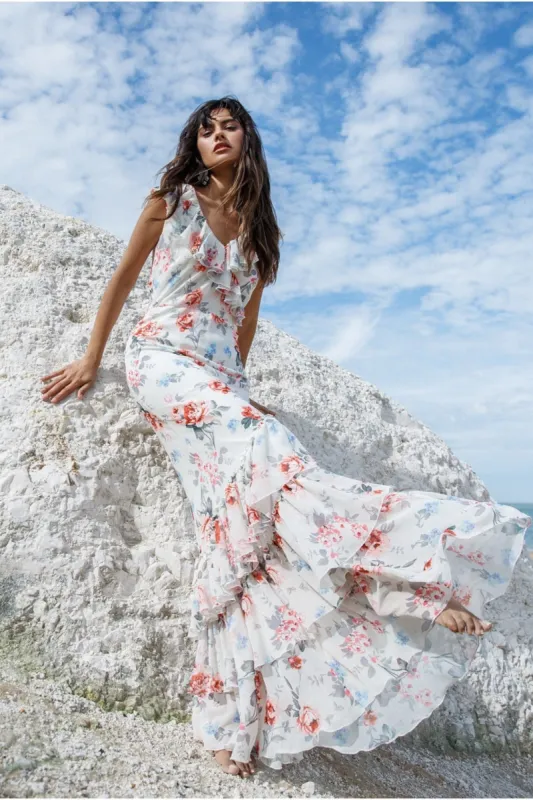 Floral Printed Chiffon Ruffle Maxi - Cream by Goddiva sold by Goddiva