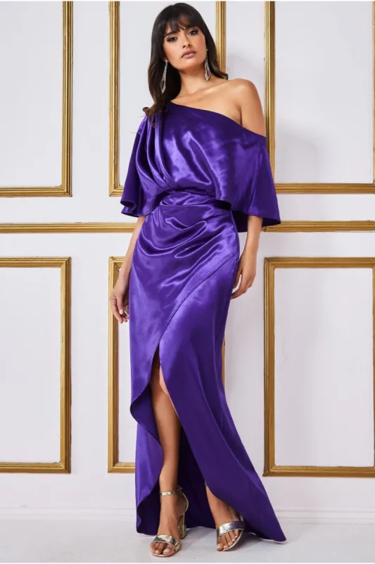 Satin Drape Shoulder Wrap Maxi Dress - Purple by Goddiva sold by Goddiva