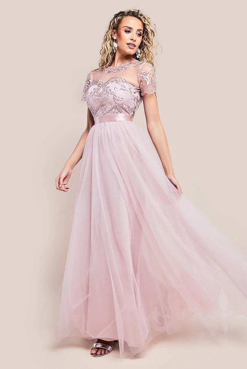 Embroidered Mesh Maxi Dress - Blush by Goddiva sold by Goddiva