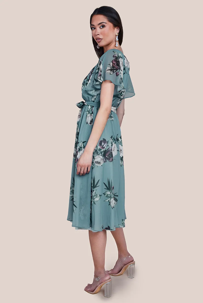 Goddiva Floral Printed Flutter Sleeve Chiffon Midi Dress - Airforce Blue sold by Goddiva product image thumbnail 2