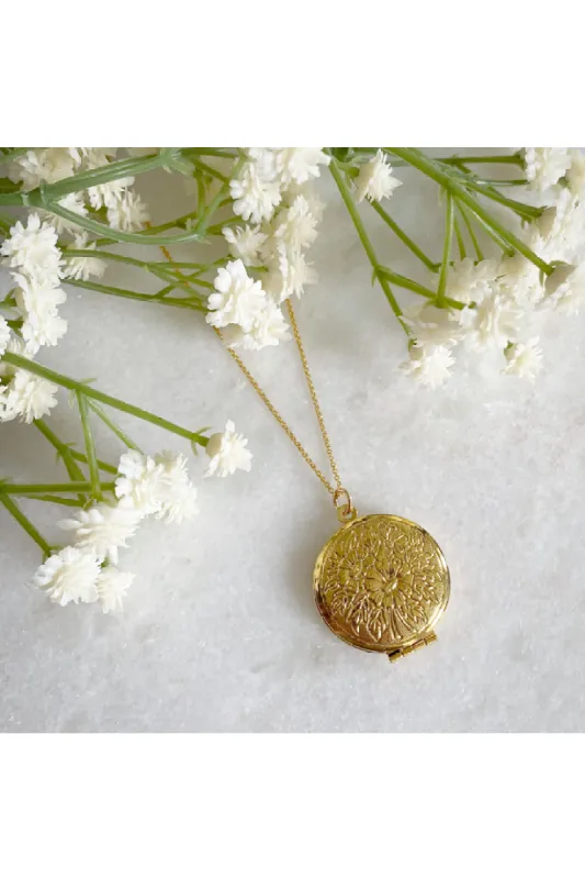 Wisteria London Laurel Flower Round Locket-Gold sold by Goddiva