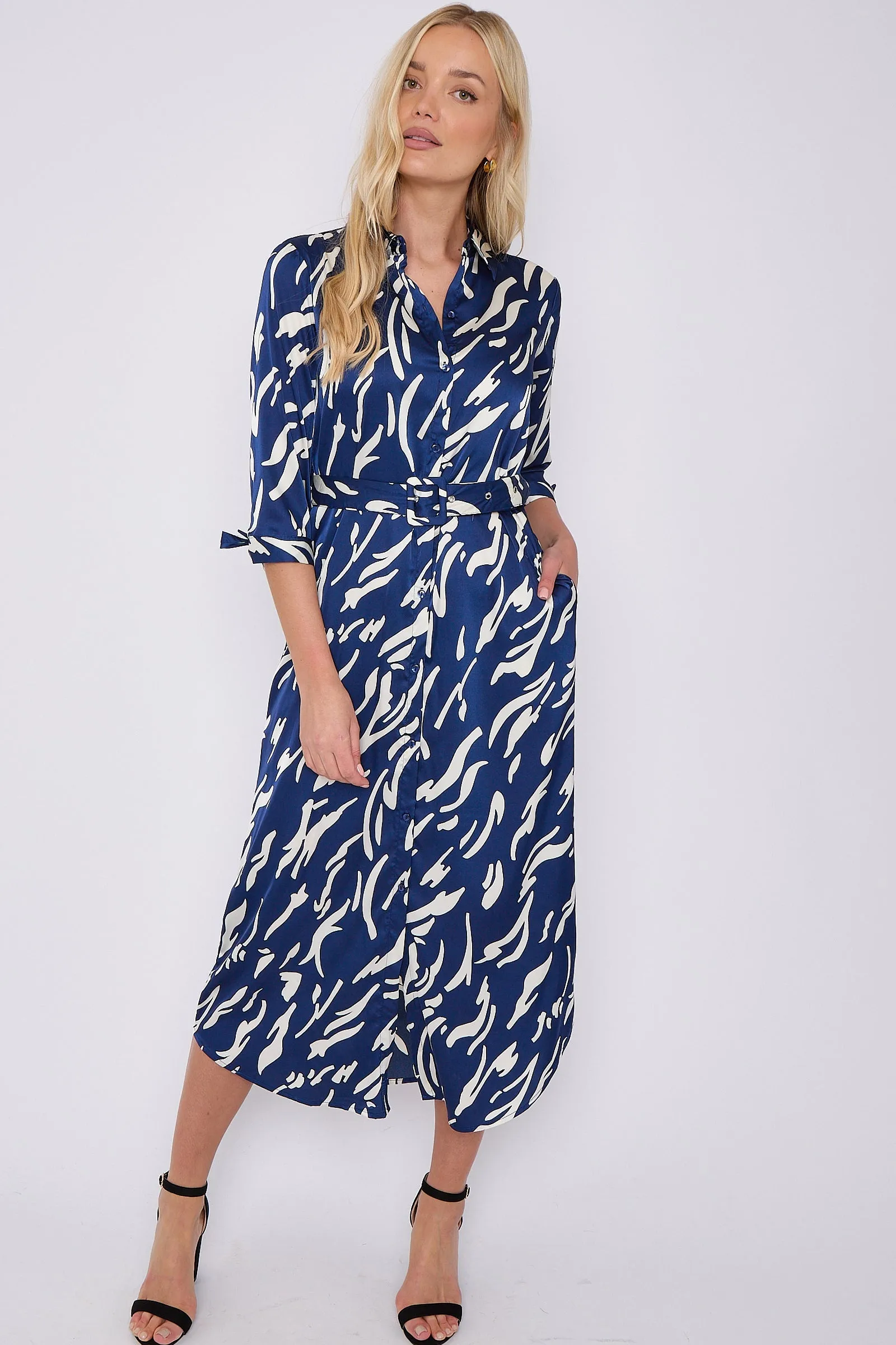 LOVE SUNSHINE Blue Print Half Sleeve Belted Satin Maxi Shirt Dress sold by Goddiva