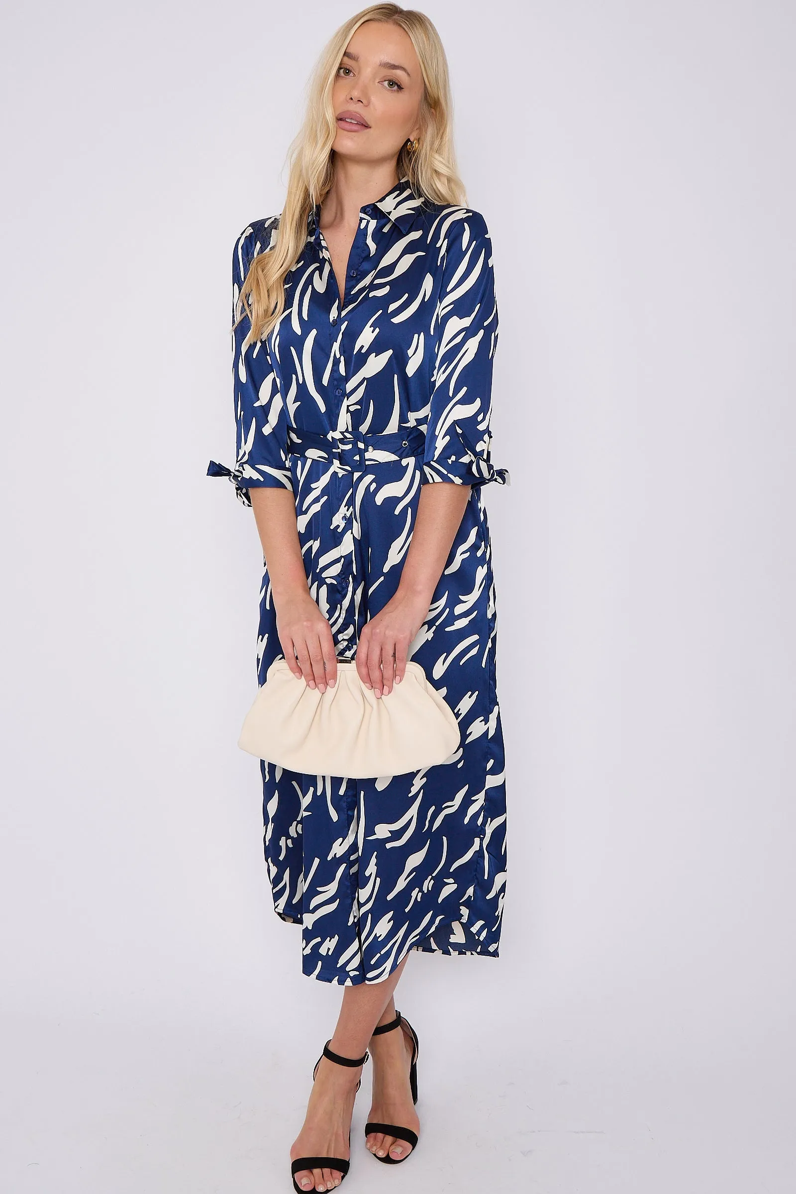 LOVE SUNSHINE Blue Print Half Sleeve Belted Satin Maxi Shirt Dress sold by Goddiva product image thumbnail 2