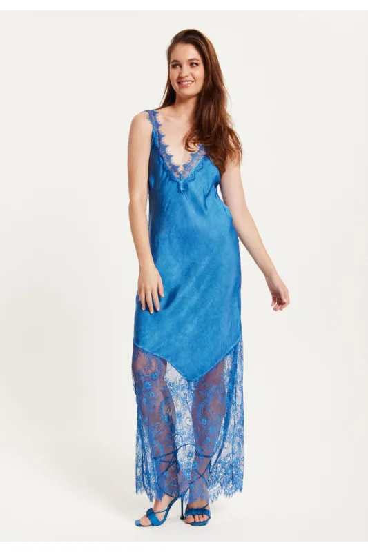 Liquorish Lace Detailed V Neck Maxi Dress In Blue sold by Goddiva