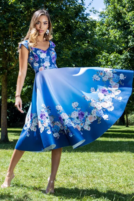 Floral Printed Scuba Foam Skater Dress - Blue by Goddiva sold by Goddiva