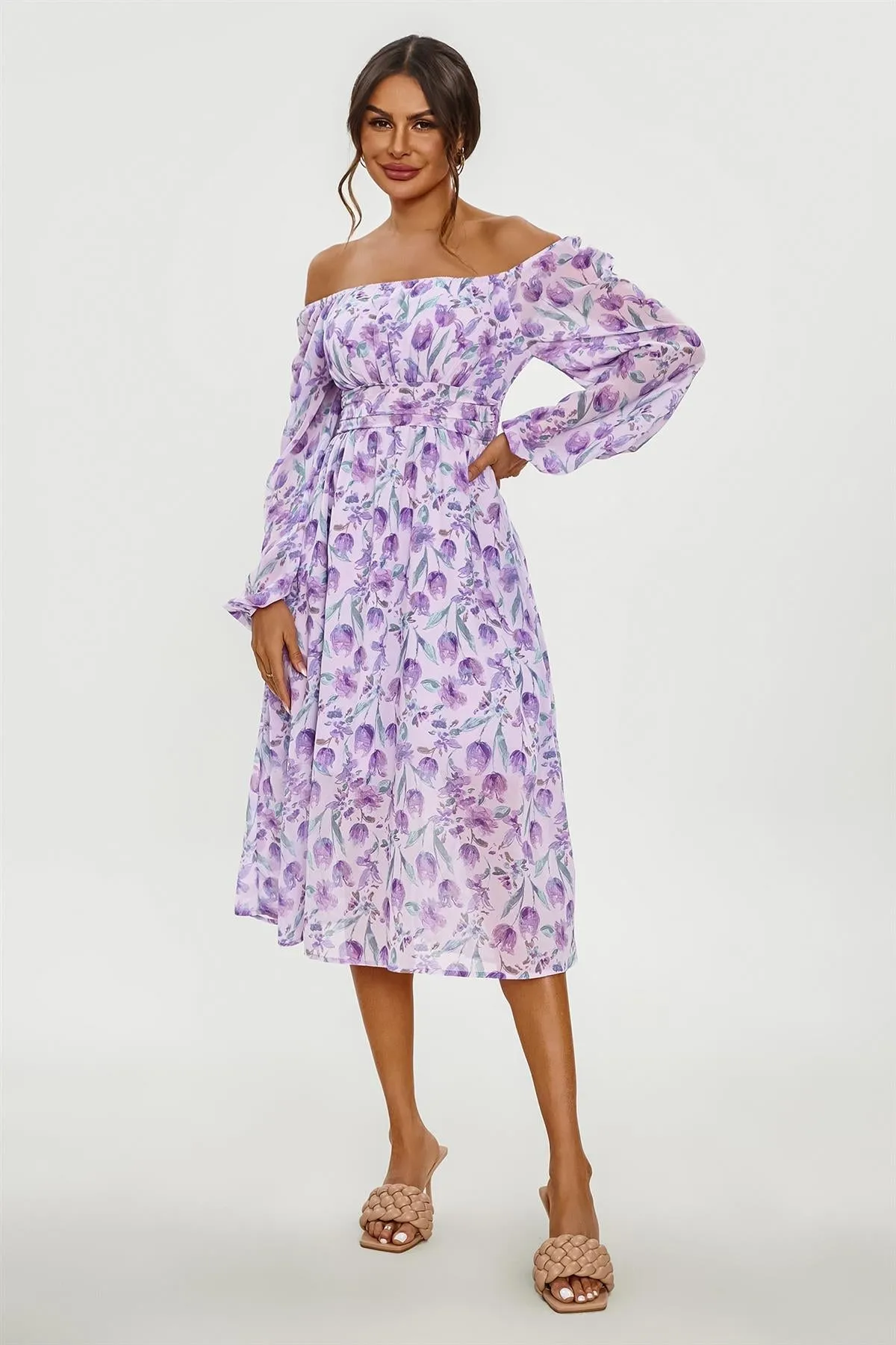 FS Collection Floral Print Long Sleeve Maxi Dress In Purple sold by Goddiva product image thumbnail 5