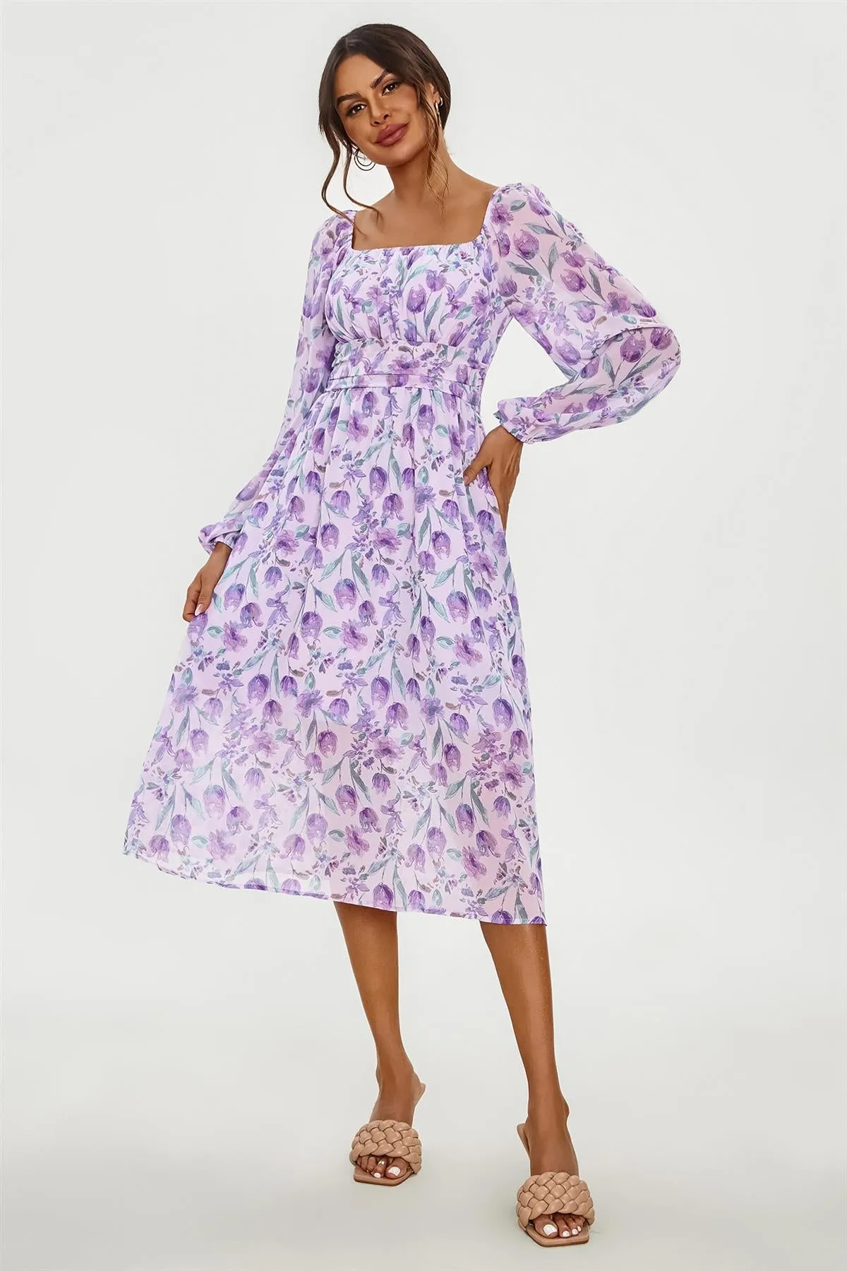 FS Collection Floral Print Long Sleeve Maxi Dress In Purple sold by Goddiva product image thumbnail 2