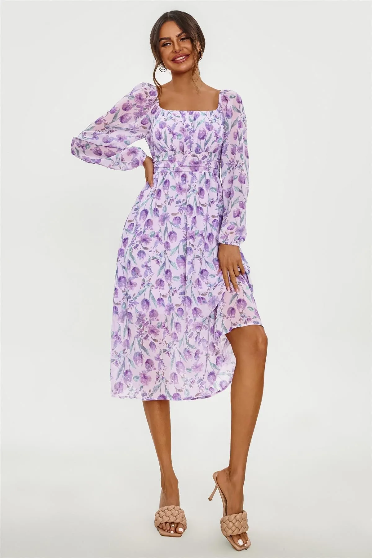 FS Collection Floral Print Long Sleeve Maxi Dress In Purple sold by Goddiva product image thumbnail 3