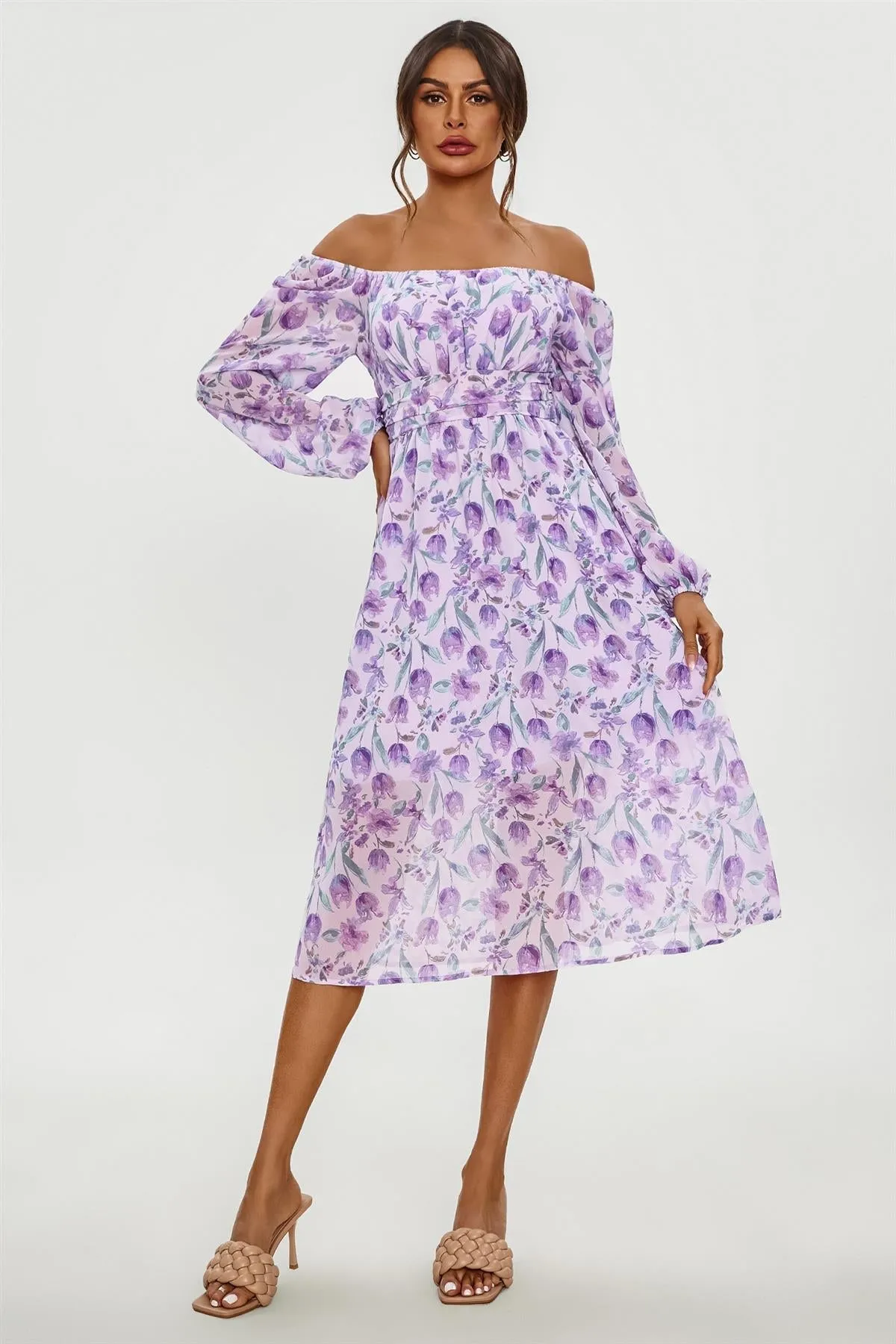 FS Collection Floral Print Long Sleeve Maxi Dress In Purple sold by Goddiva product image thumbnail 4