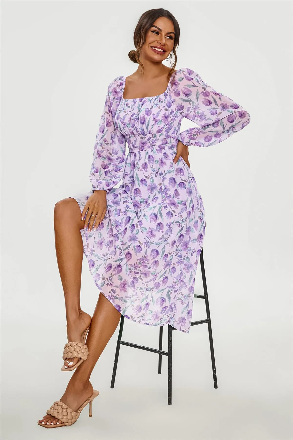 FS Collection Floral Print Long Sleeve Maxi Dress In Purple sold by Goddiva