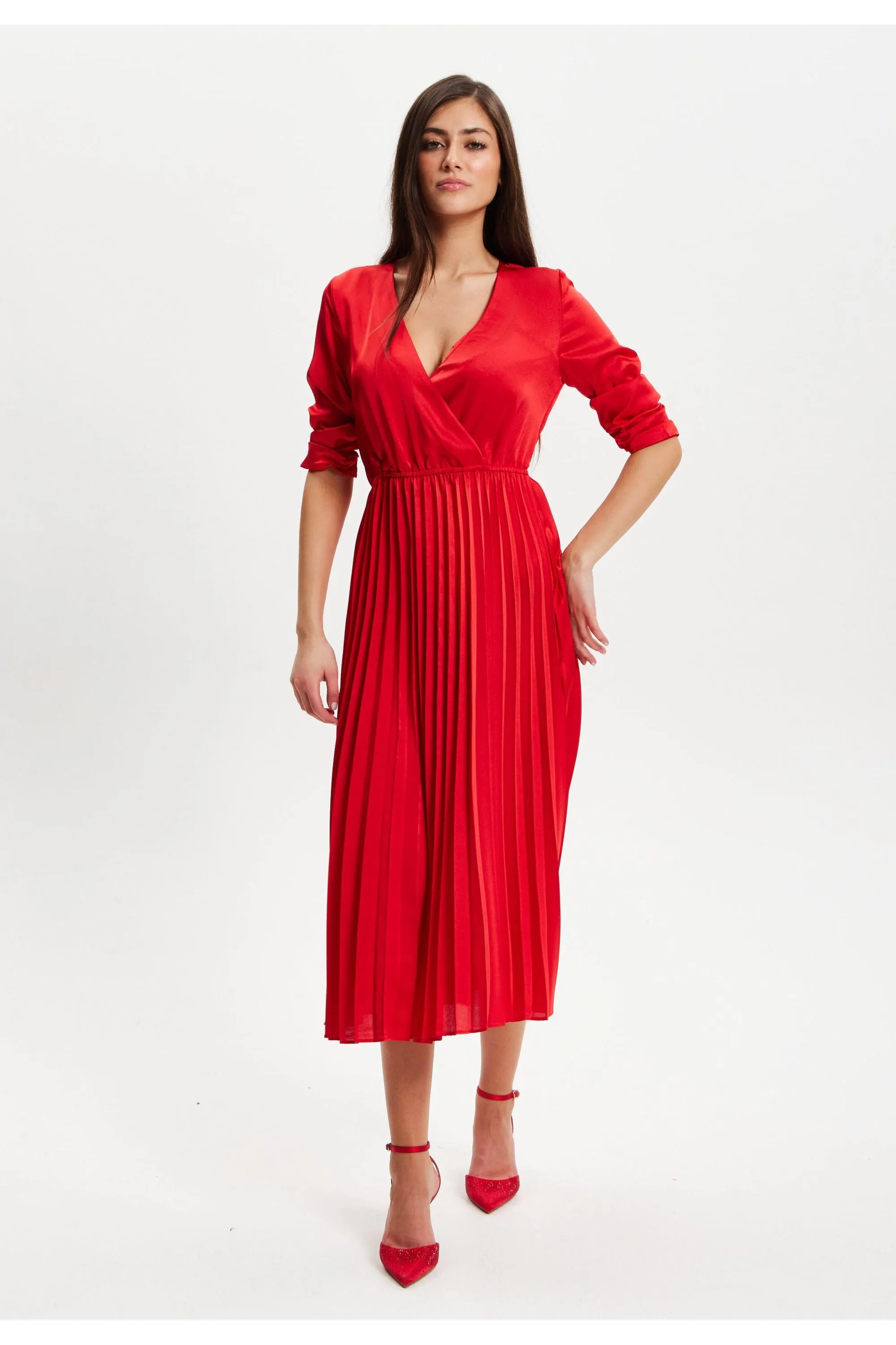 Red Midi Dress With Pleat Details by Liquorish sold by Goddiva product image thumbnail 2