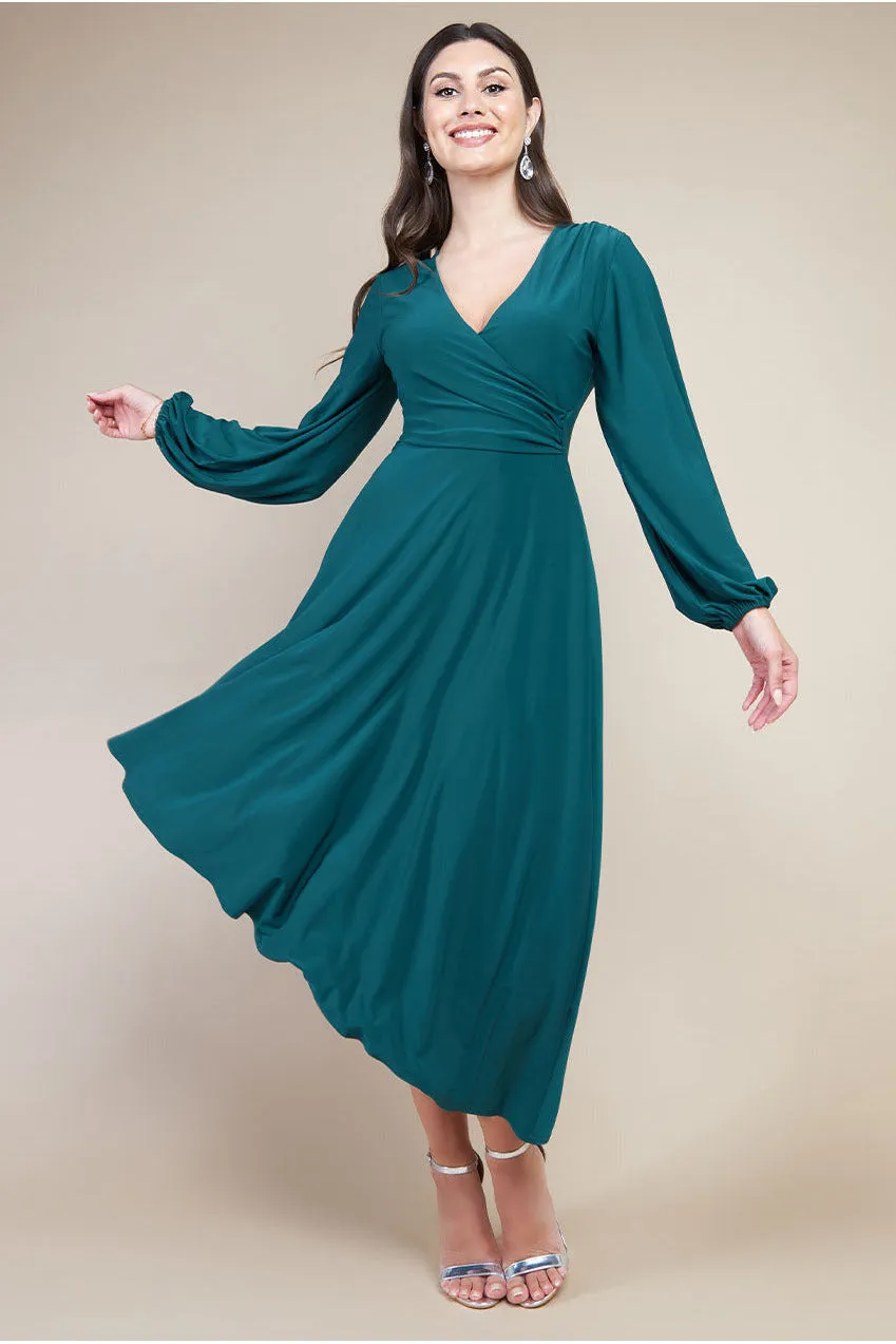 Goddiva Asymmetrical Wrap Midi Dress - Botanical Green sold by Goddiva
