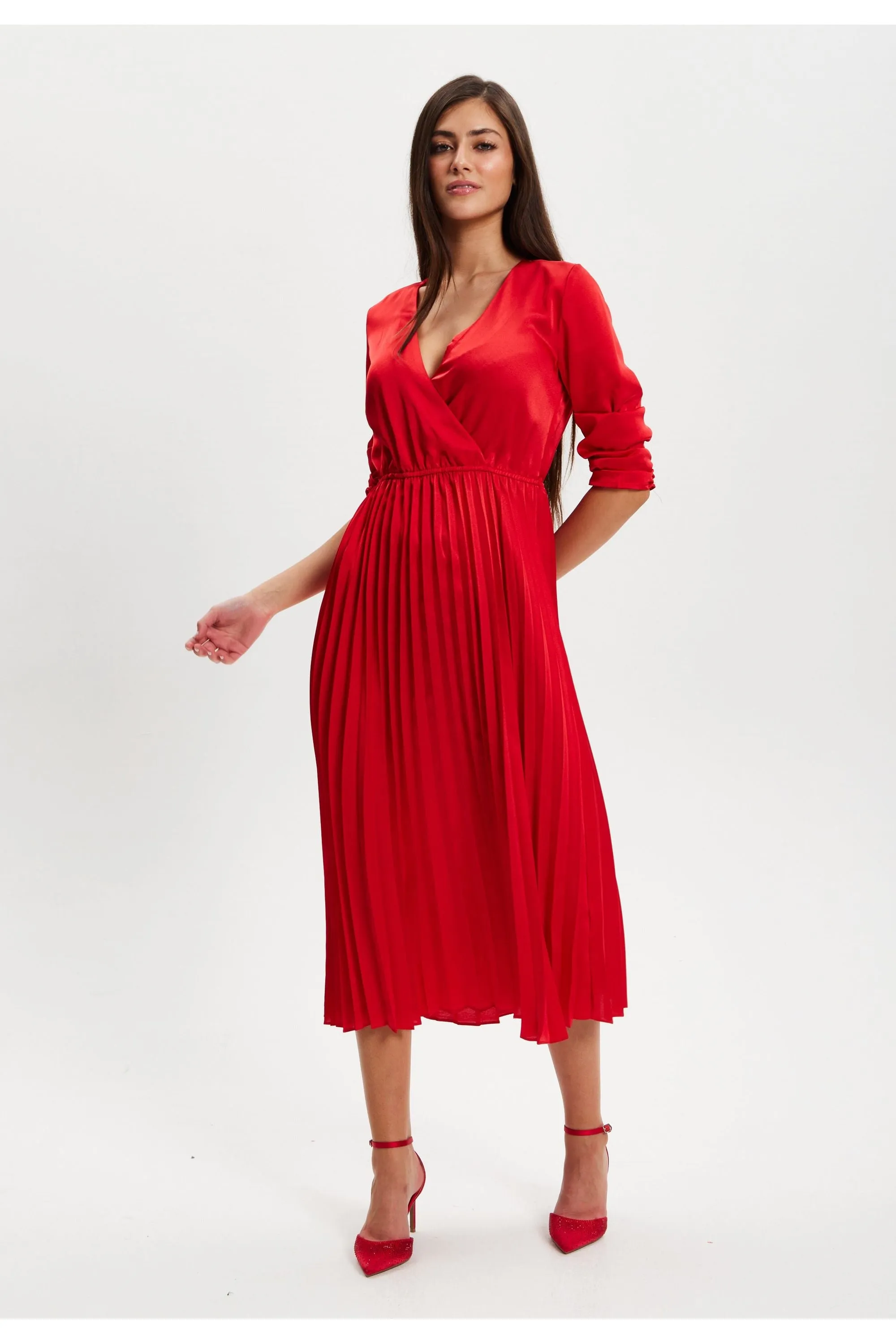 Red Midi Dress With Pleat Details by Liquorish sold by Goddiva product image thumbnail 3