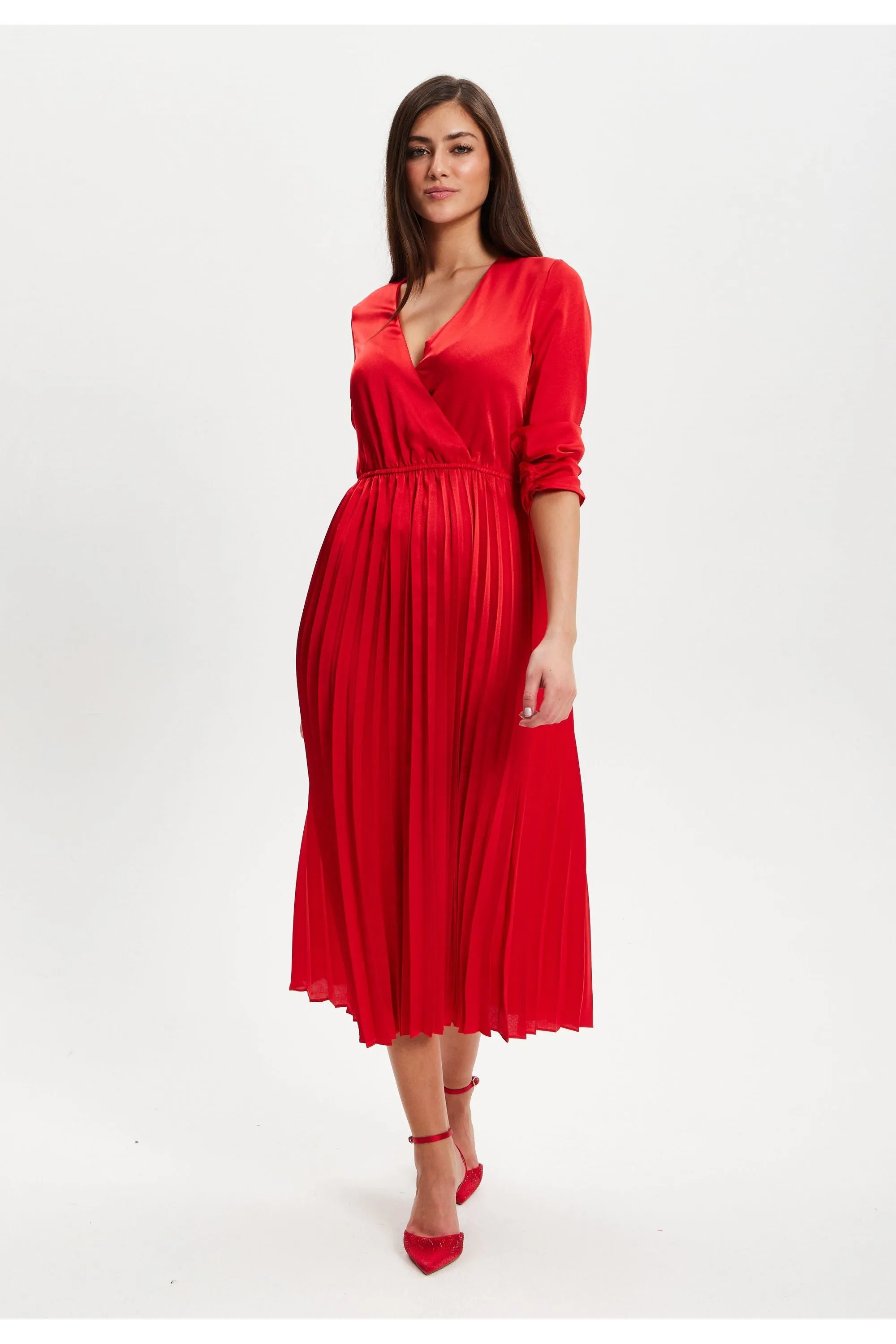Red Midi Dress With Pleat Details by Liquorish sold by Goddiva product image thumbnail 4