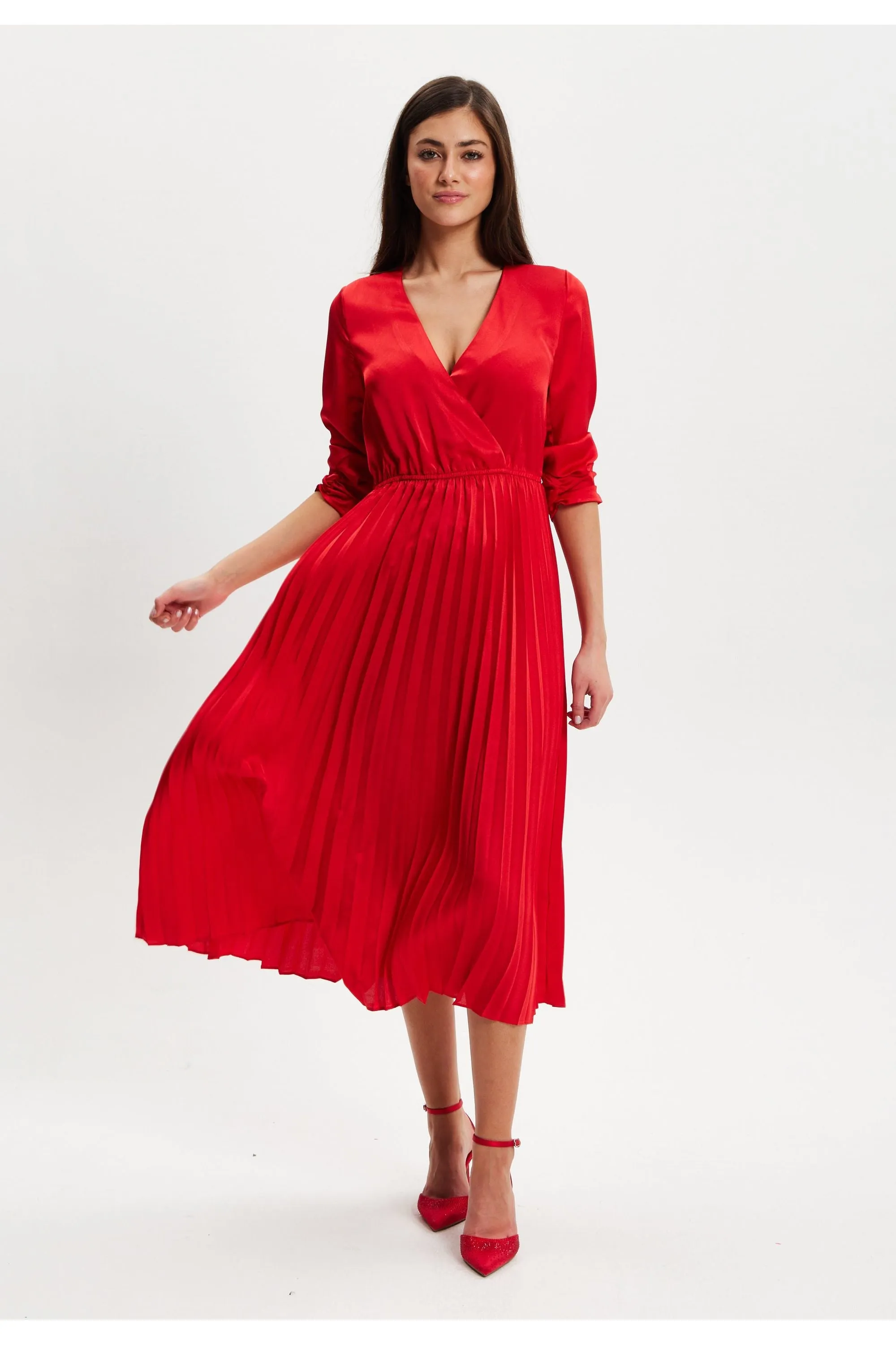 Red Midi Dress With Pleat Details by Liquorish sold by Goddiva