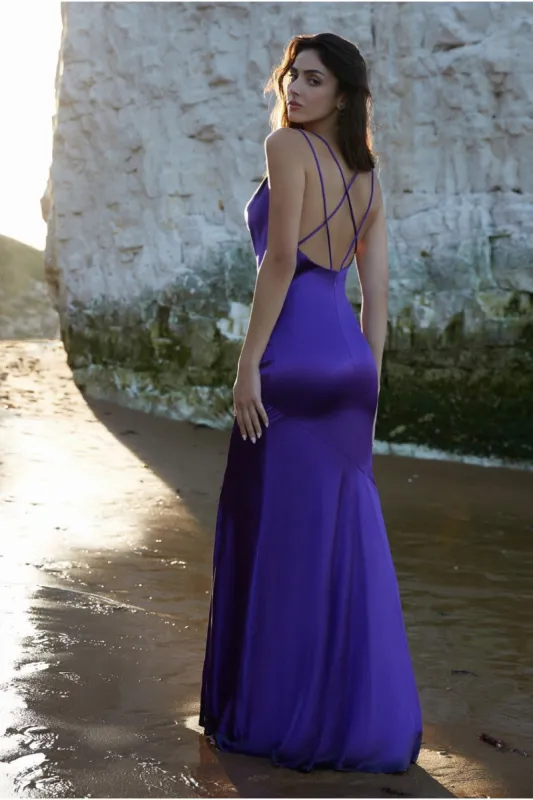 Cowl Neck With Strappy Back Satin Maxi - Purple by Goddiva sold by Goddiva