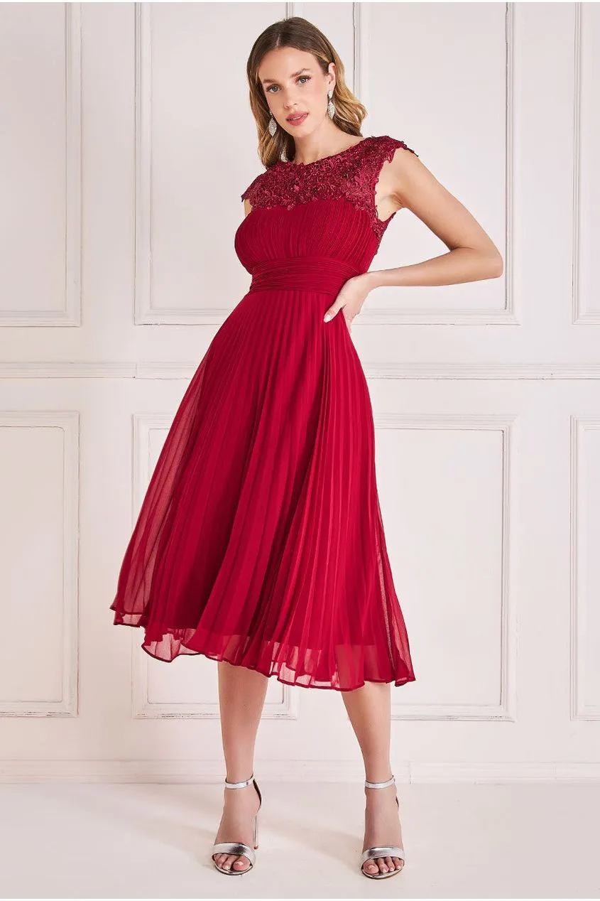 Crochet & Pleated Top Midi - Burgundy by Goddiva sold by Goddiva