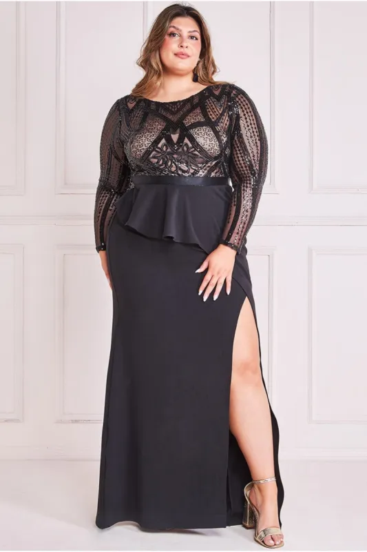Goddiva Plus Sequin Bodice With Front Frill Maxi - Black sold by Goddiva