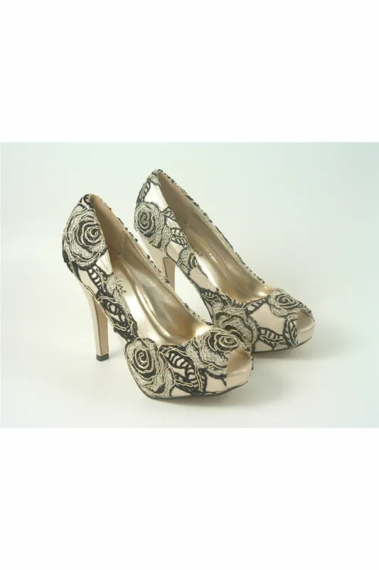 Glitz Shoes Sabatine Coco Peep Toe Platform Shoe Gold Black sold by Goddiva