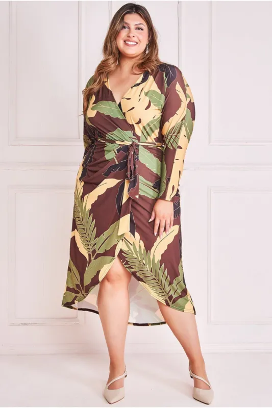 Printed Batwing Wrap Midi Dress - Brown by Goddiva Plus sold by Goddiva