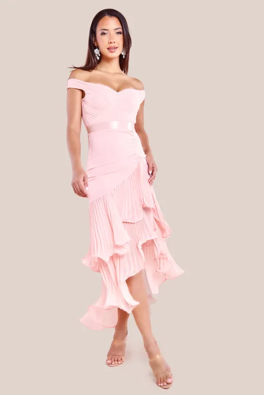 Goddiva Pleated Bardot High Low Tier Chiffon Midaxi Dress - Blush sold by Goddiva