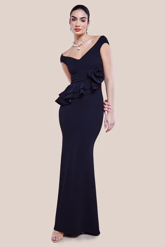 Scuba Crepe Rose Frill Maxi Dress - Black by Goddiva sold by Goddiva