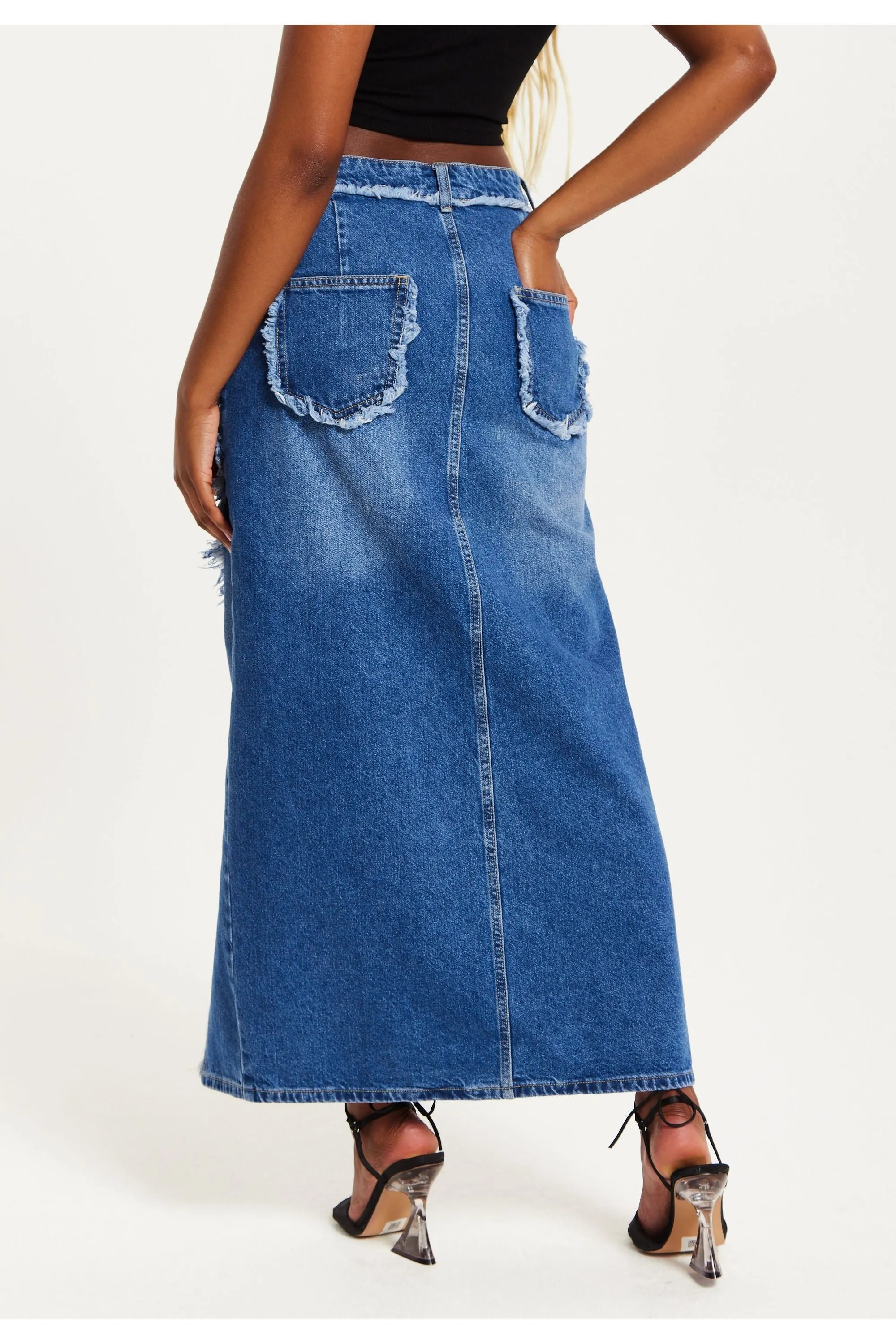 Liquorish Blue Wrap Front Midi Denim Skirt sold by Goddiva product image thumbnail 5