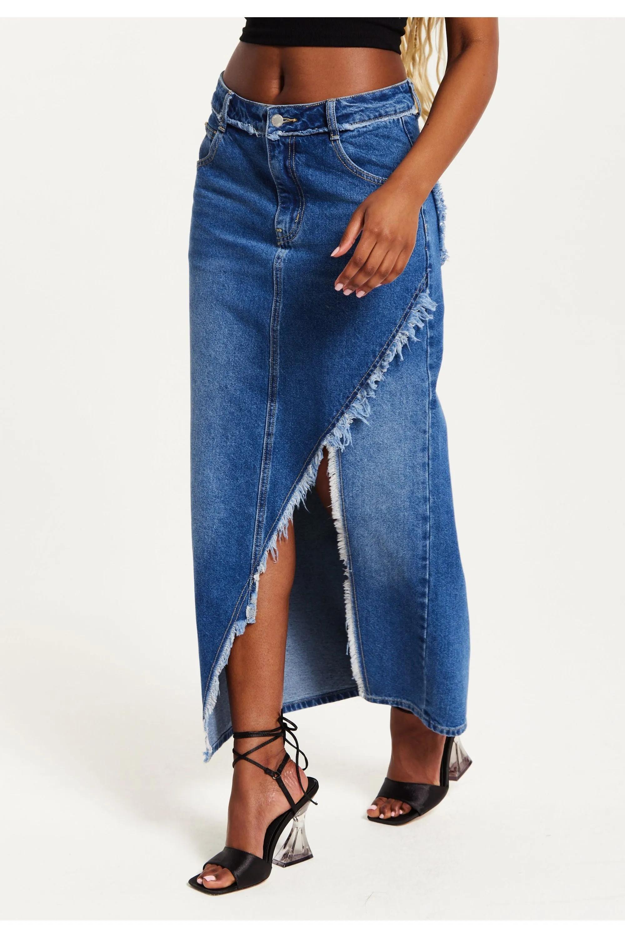 Liquorish Blue Wrap Front Midi Denim Skirt sold by Goddiva product image thumbnail 2