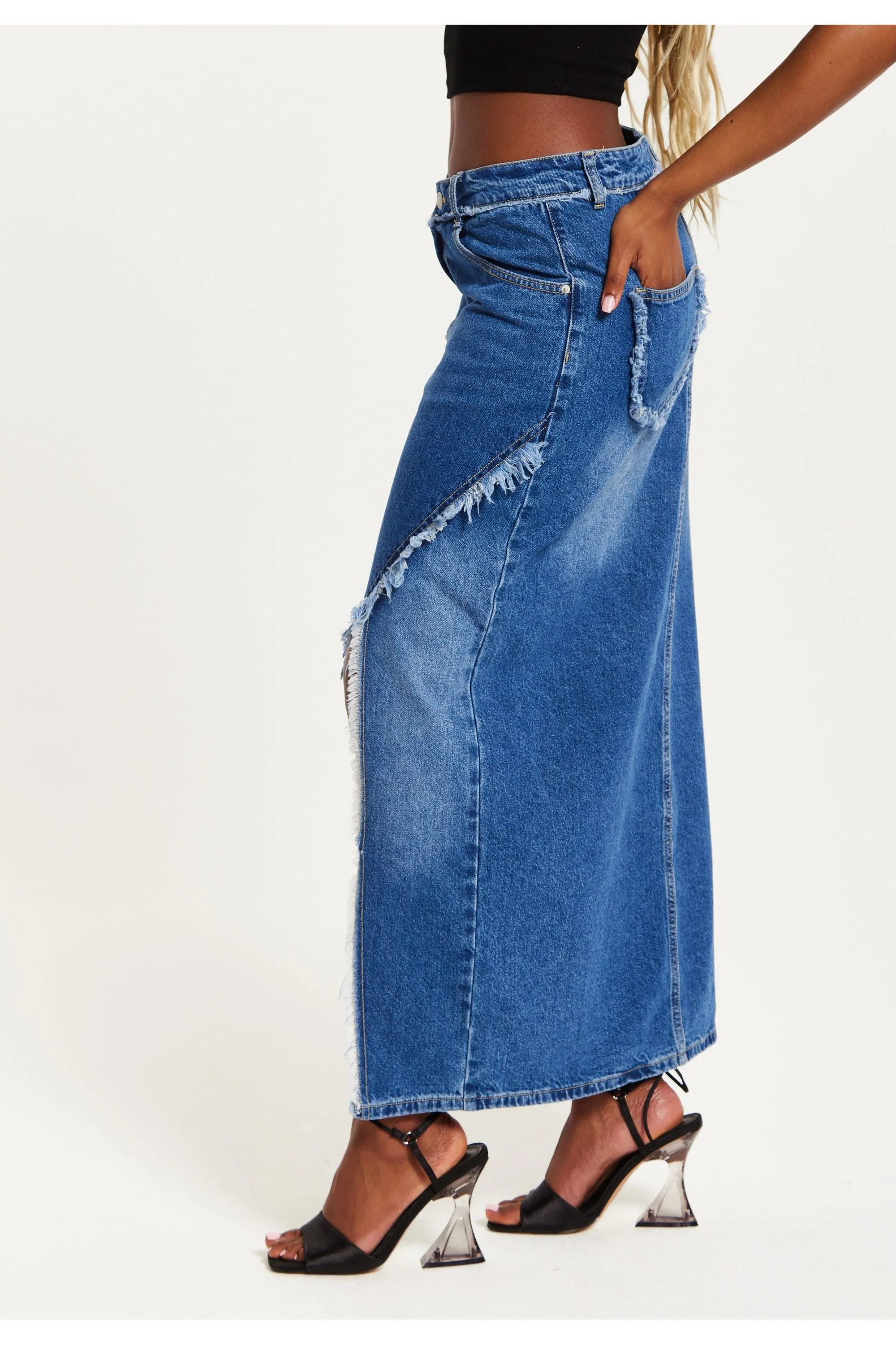 Liquorish Blue Wrap Front Midi Denim Skirt sold by Goddiva product image thumbnail 3