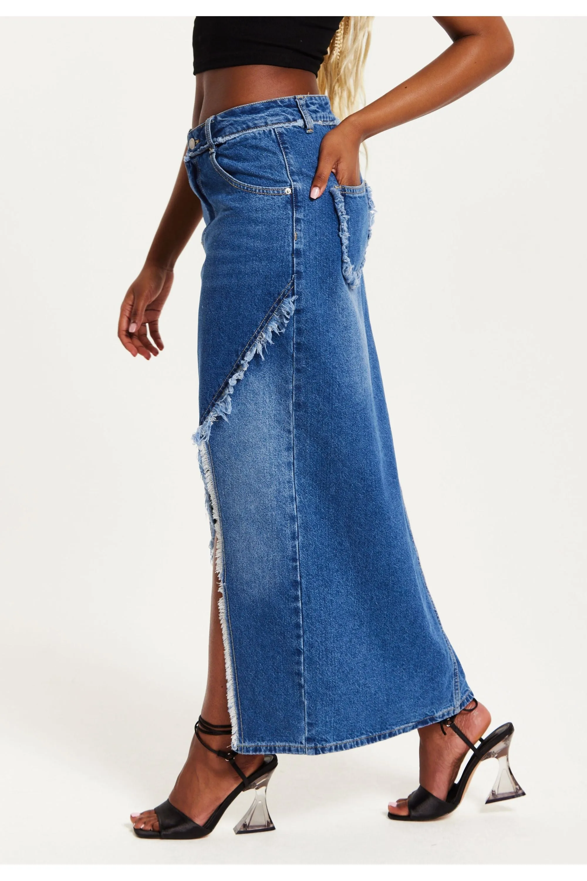 Liquorish Blue Wrap Front Midi Denim Skirt sold by Goddiva product image thumbnail 4