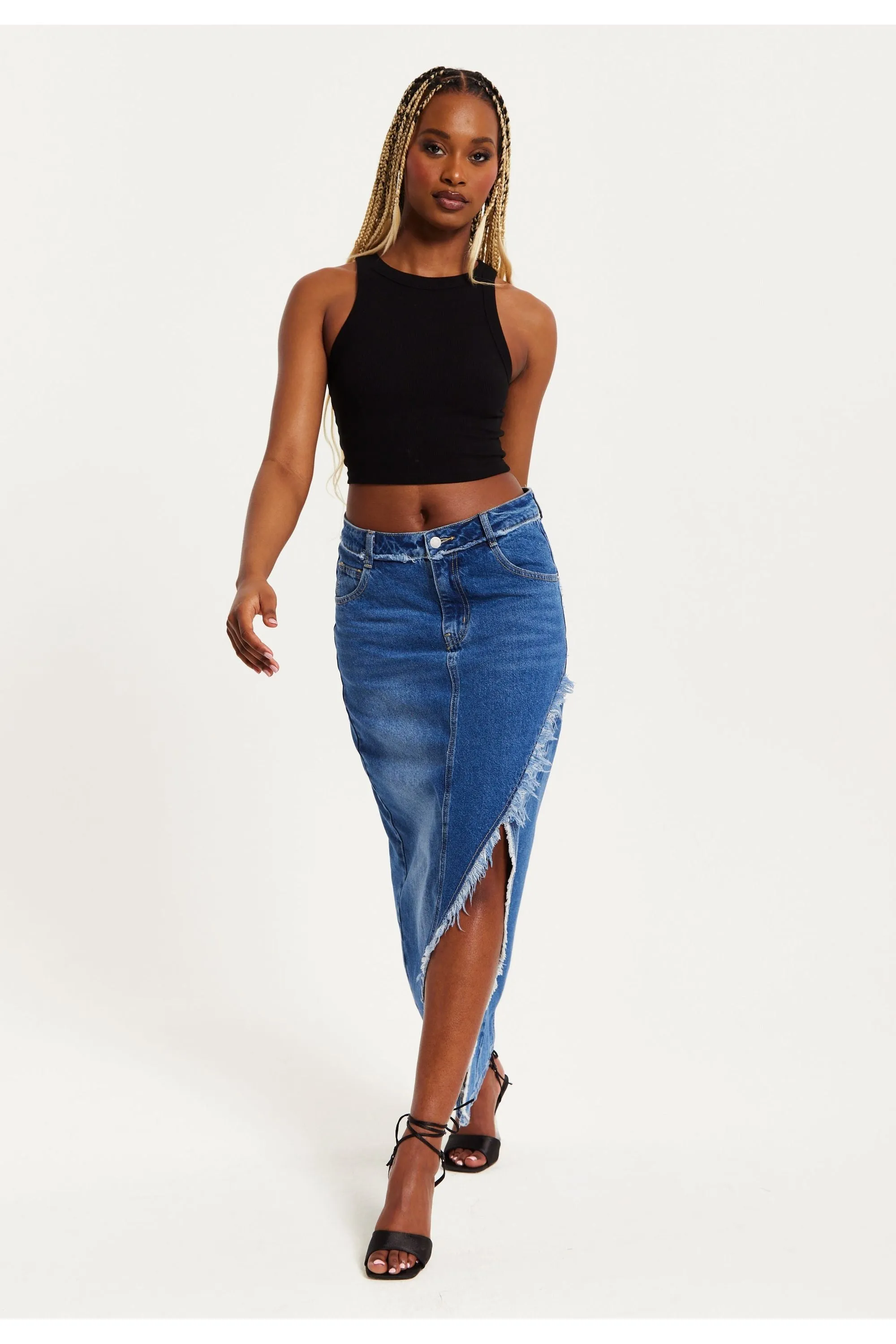 Liquorish Blue Wrap Front Midi Denim Skirt sold by Goddiva