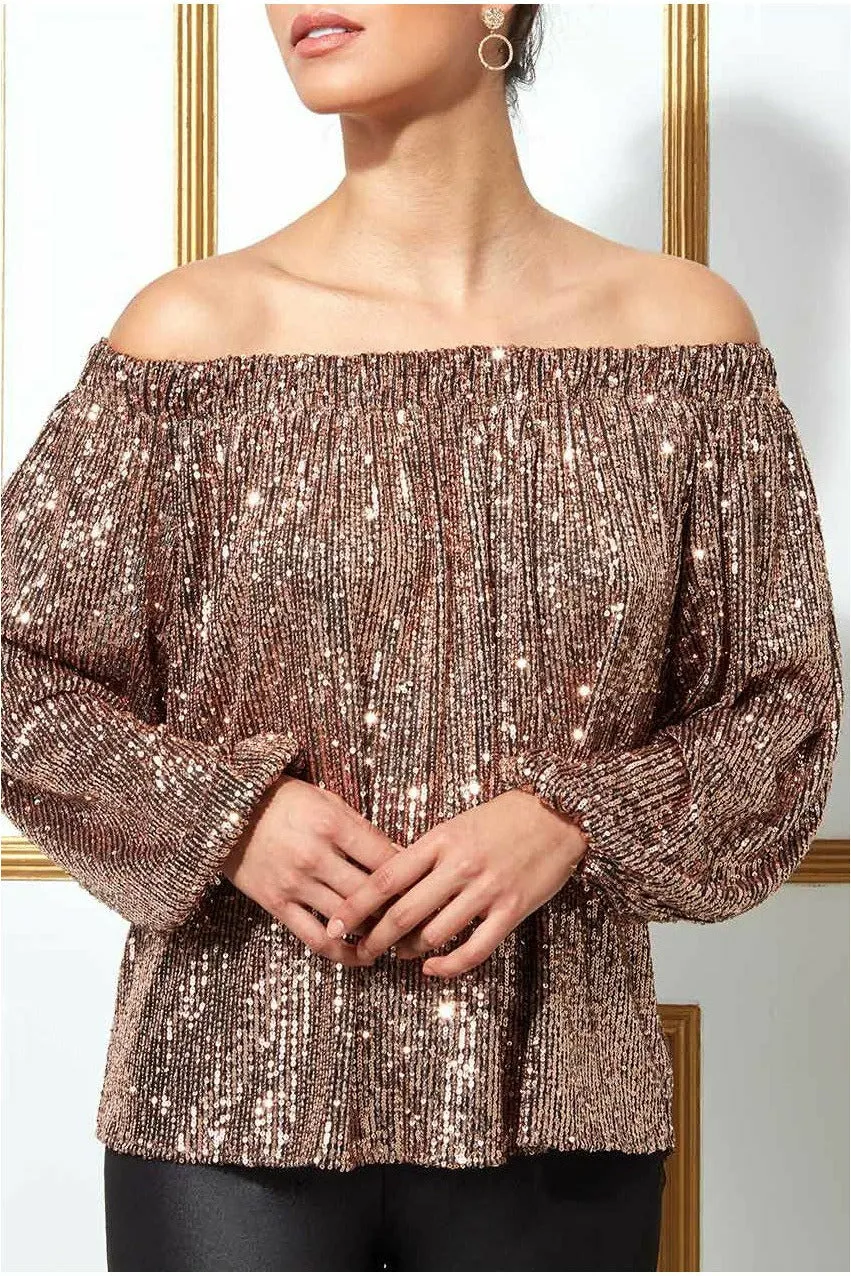 Goddiva Bardot Sequin Crop Top With Cuffed Sleeves-champagne sold by Goddiva product image thumbnail 5