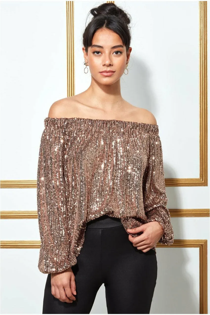 Goddiva Bardot Sequin Crop Top With Cuffed Sleeves-champagne sold by Goddiva