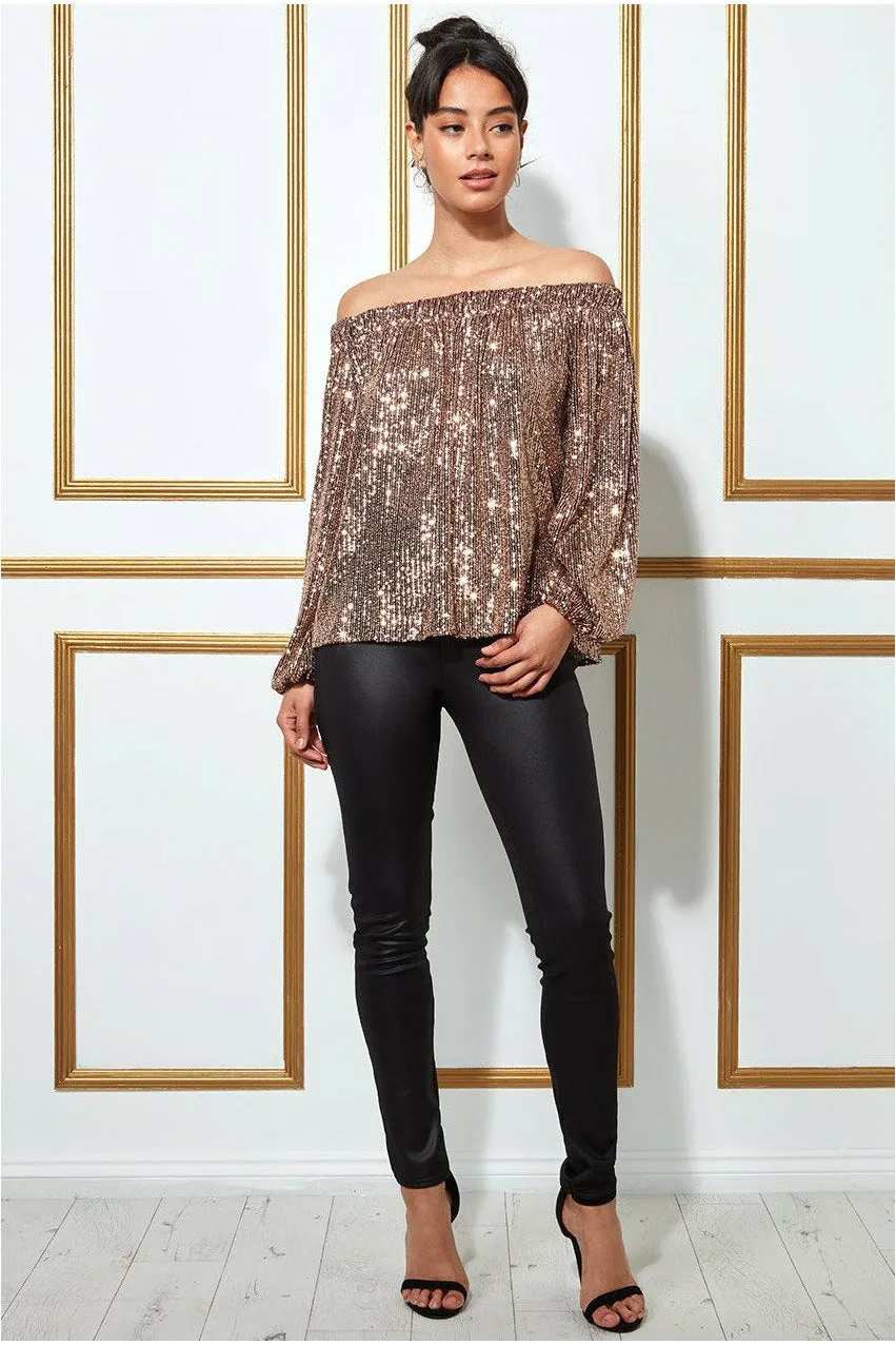 Goddiva Bardot Sequin Crop Top With Cuffed Sleeves-champagne sold by Goddiva product image thumbnail 3