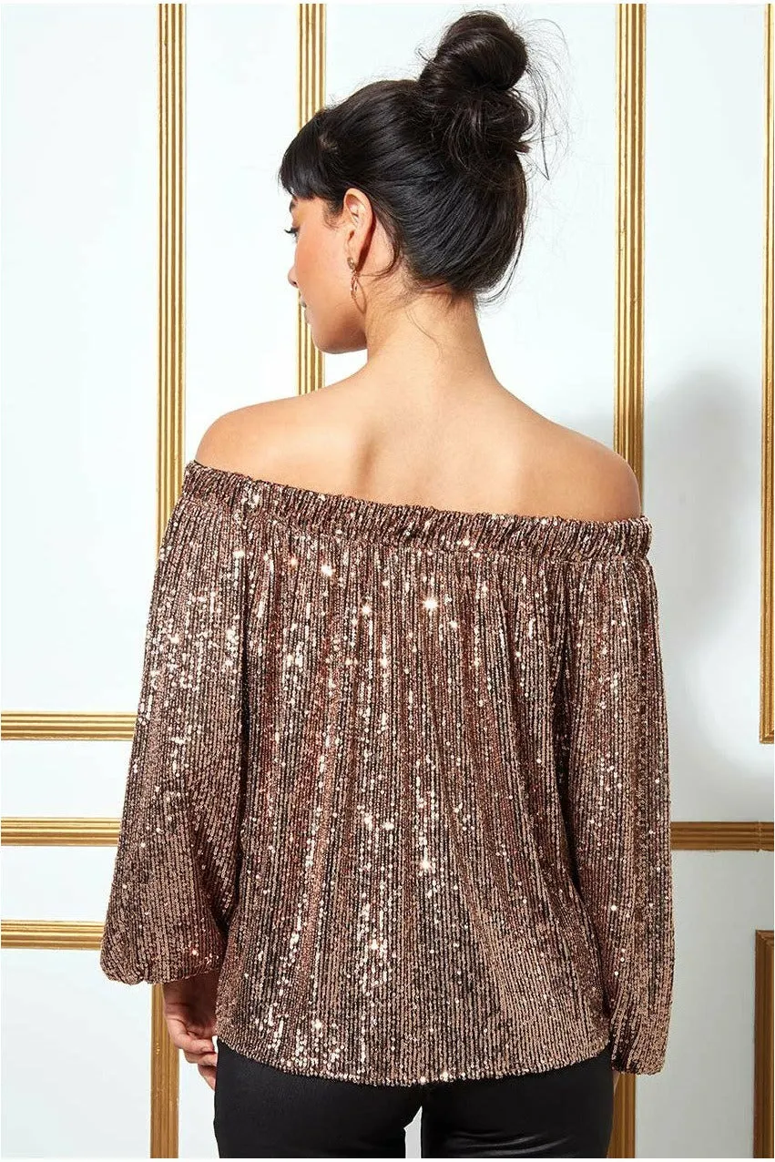 Goddiva Bardot Sequin Crop Top With Cuffed Sleeves-champagne sold by Goddiva product image thumbnail 2