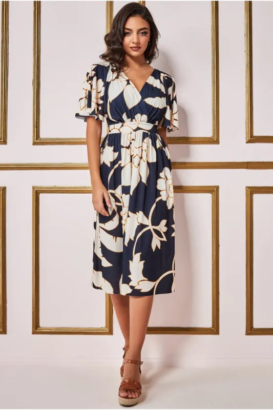 Leaf Print Flutter Sleeve Midi - Navy by Goddiva sold by Goddiva