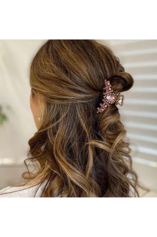 Hair Clamp In Pink Hair Claw Clip With Crystal Gold by QueenMee Accessories made by Goddiva