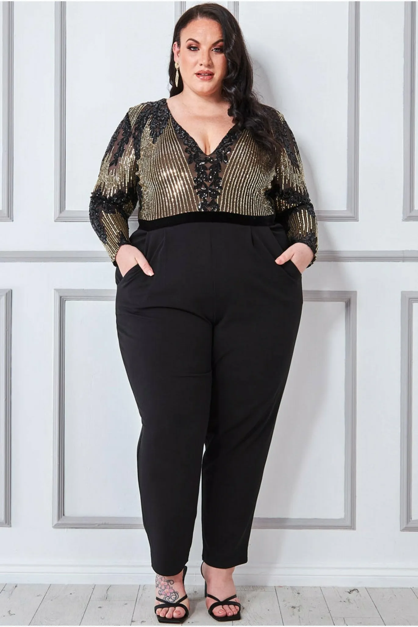 Sequin & Mesh Jumpsuit - Black by Goddiva Plus sold by Goddiva