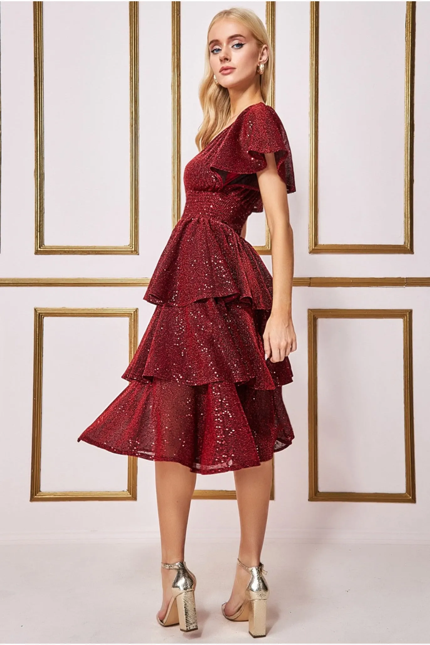 Sequin Lurex Tiered Midi Dress - Wine by Goddiva sold by Goddiva product image thumbnail 3