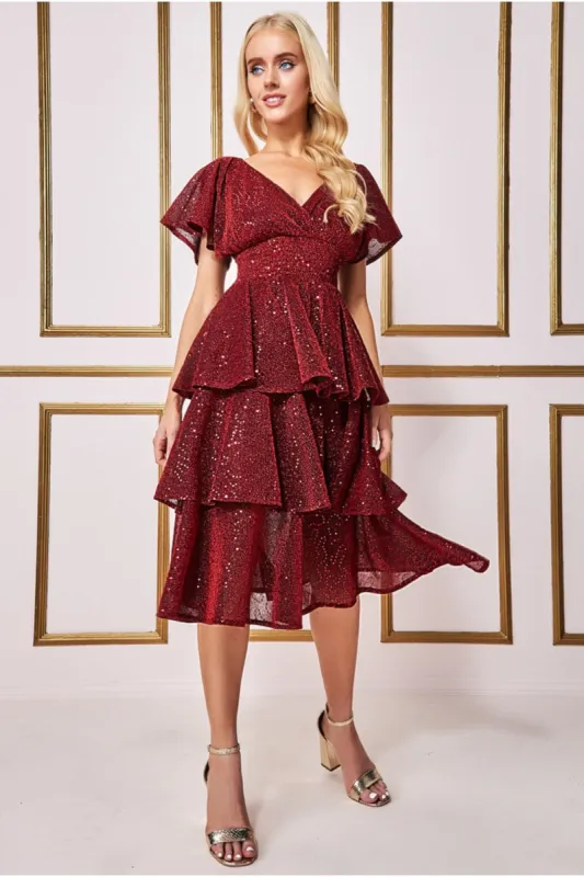 Sequin Lurex Tiered Midi Dress - Wine by Goddiva sold by Goddiva