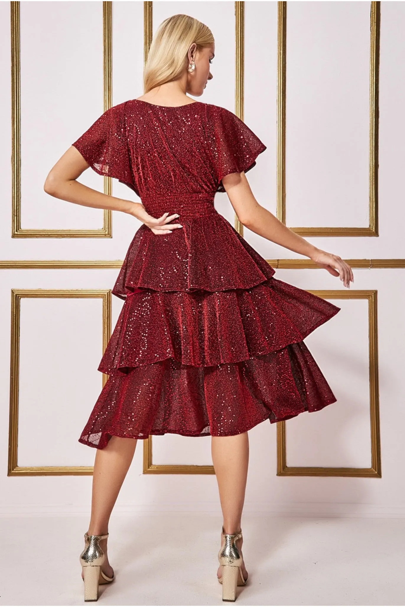 Sequin Lurex Tiered Midi Dress - Wine by Goddiva sold by Goddiva product image thumbnail 2