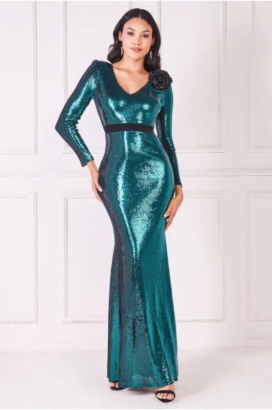 Liquid Sequin Corsage Maxi - Emerald Green by Goddiva sold by Goddiva