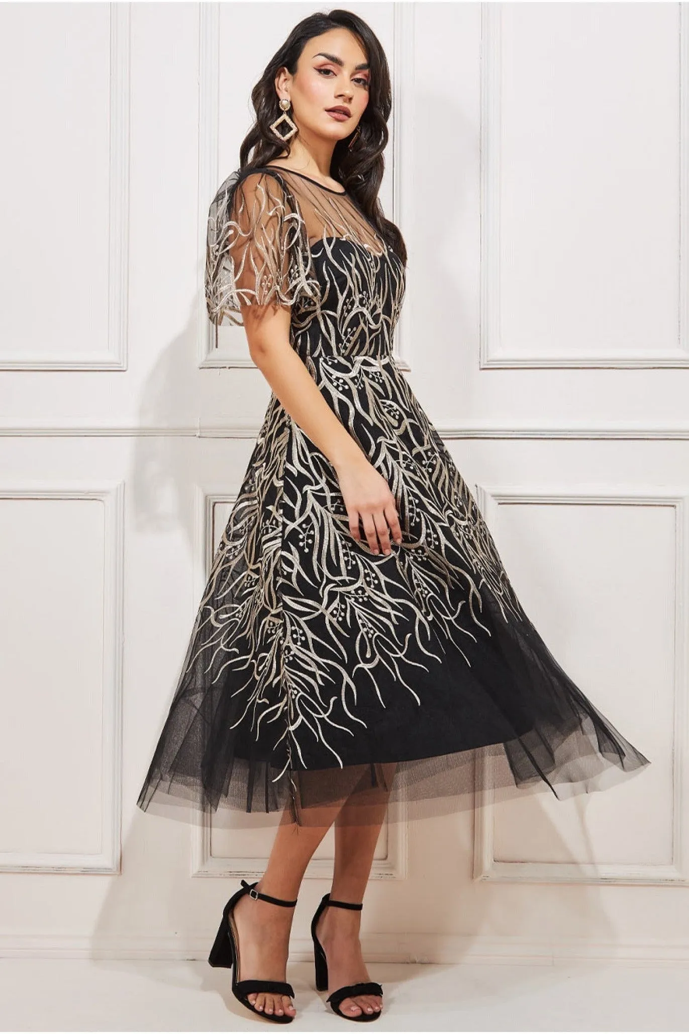 Goddiva Embroidered Mesh Midi Dress - Black sold by Goddiva product image thumbnail 3