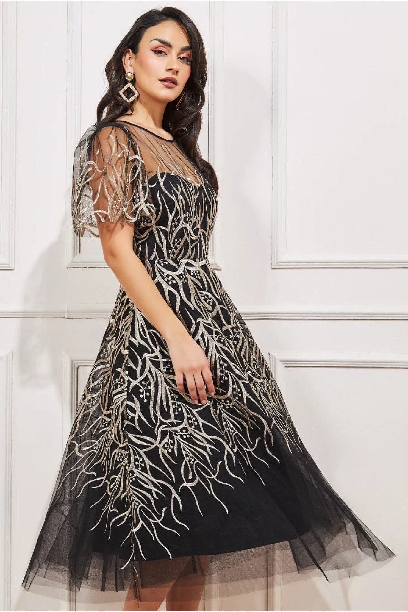 Goddiva Embroidered Mesh Midi Dress - Black sold by Goddiva
